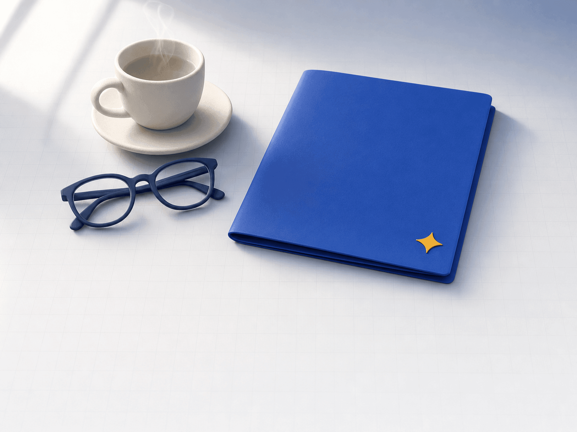 A parent's desk at rest — reading glasses and a cup of tea beside a cobalt-blue weekly report folder marked with a gold spark