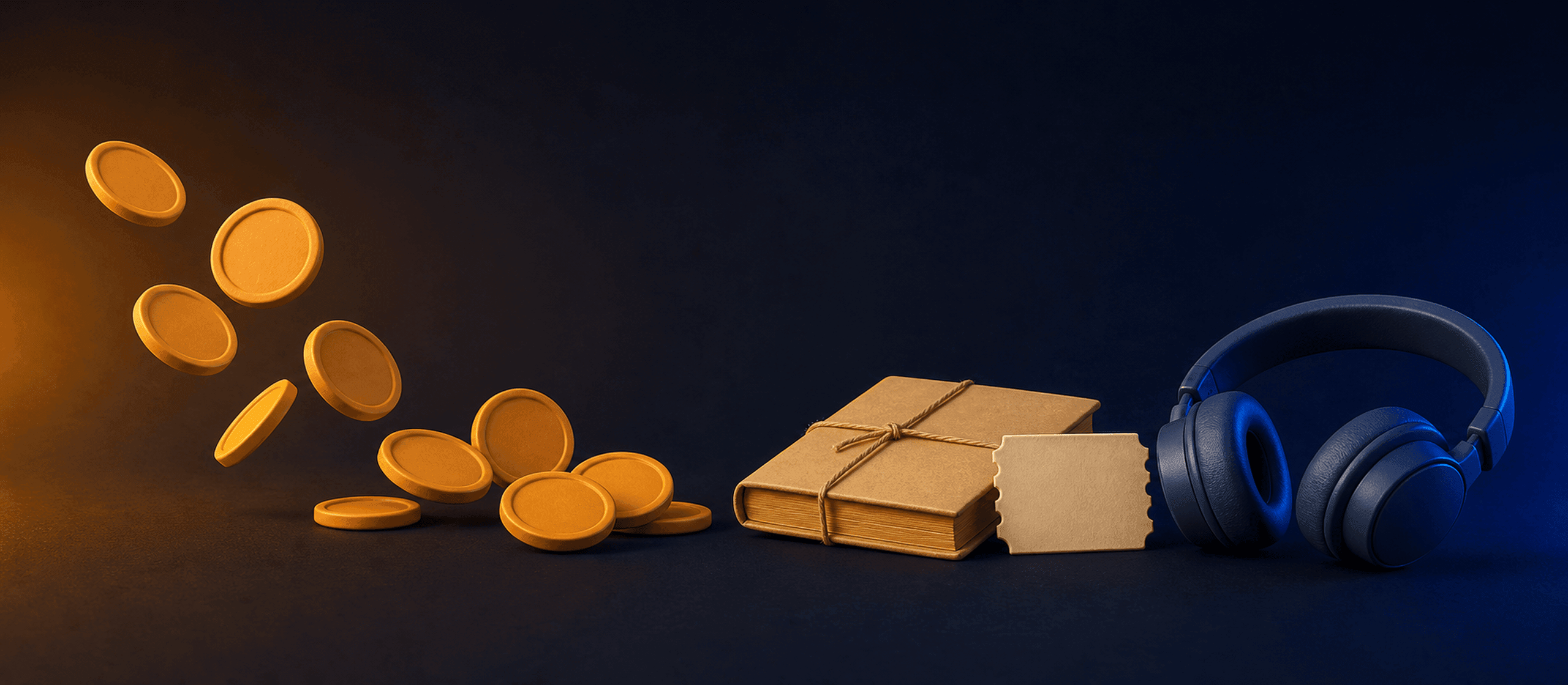 Amber reward tokens spilling from a study desk — vouchers, cinema tickets, headphones